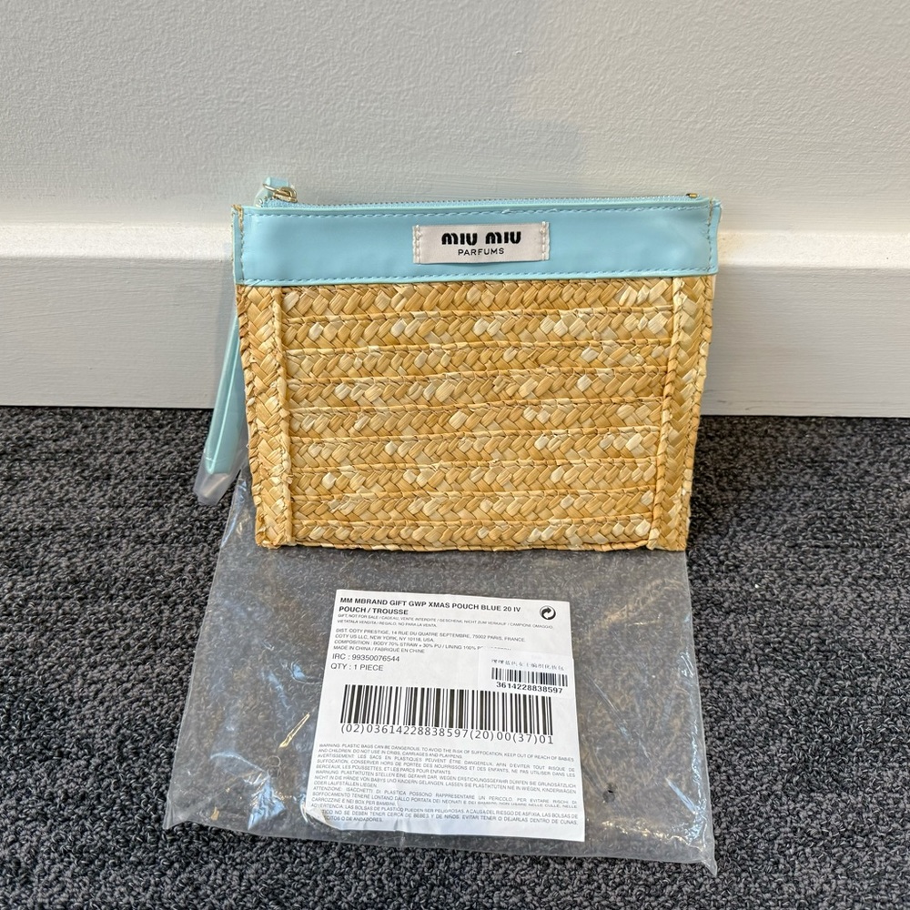Miu Miu Parfums Blue Woven Straw Zipper Pouch Wristlet